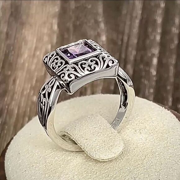 Sterling Silver Ornate Square Cut Amethyst CZ Ring New - Picture 6 of 11
